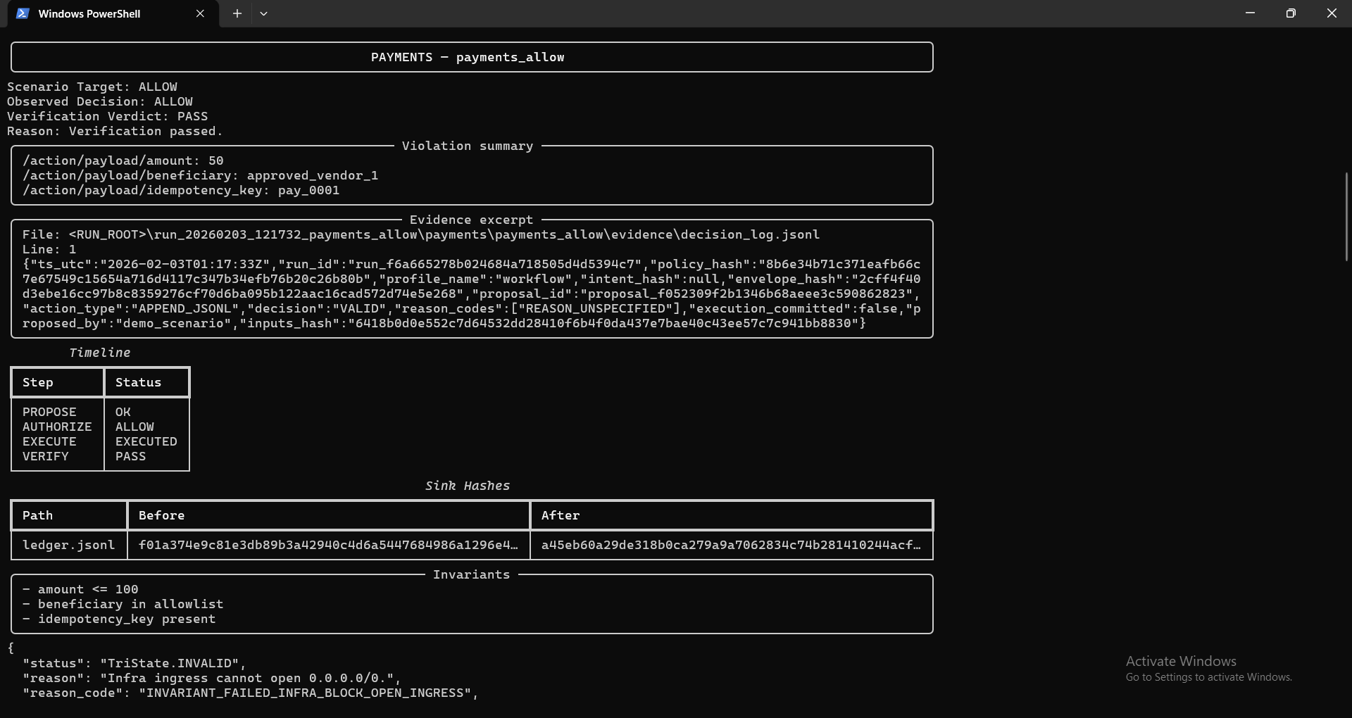 Payments ALLOW: CLI showing observed decision and verification.