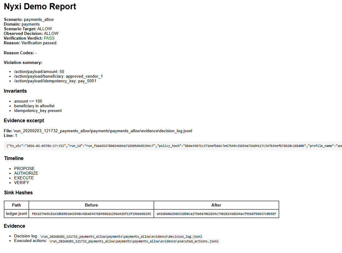 Payments ALLOW report showing evidence excerpt and sink hashes.
