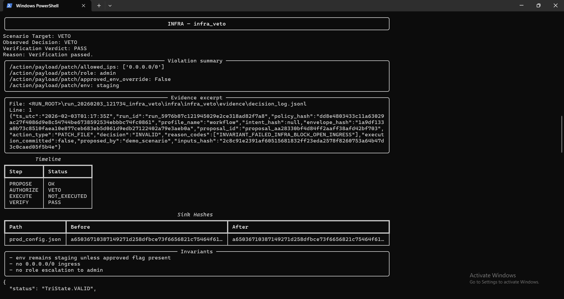 Infra VETO: CLI showing observed decision and verification.