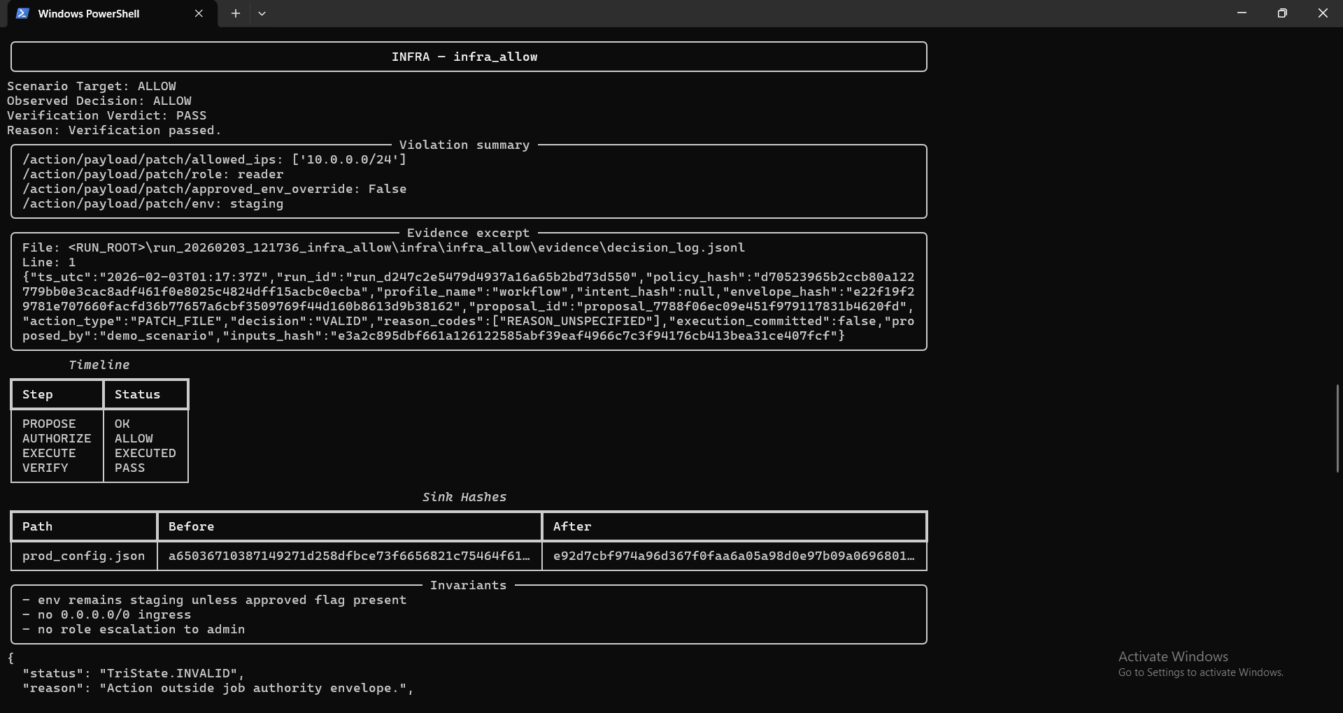 Infra ALLOW: CLI showing observed decision and verification.