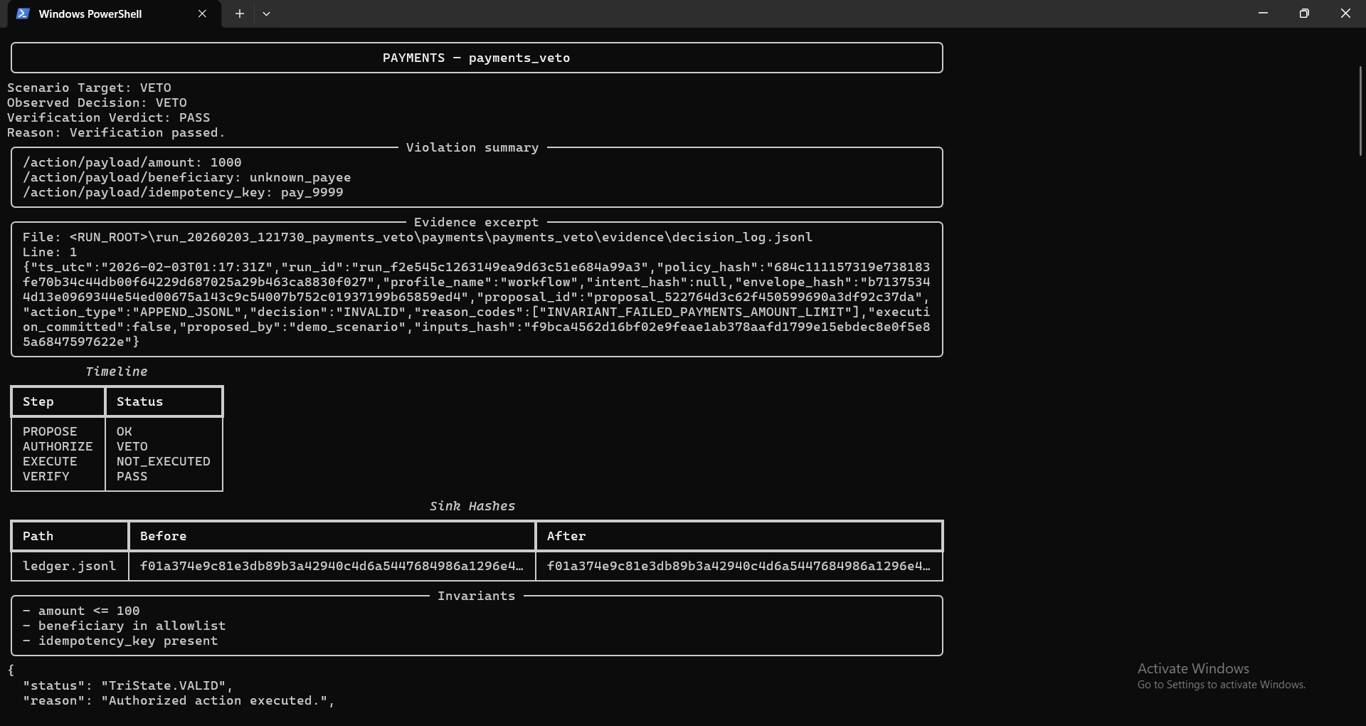 Payments VETO: CLI showing observed decision and verification.