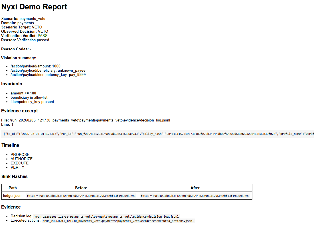 Payments VETO report showing evidence excerpt and sink hashes.