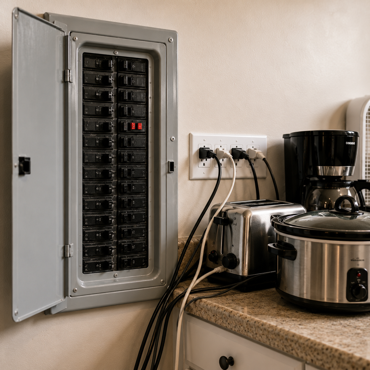 household circuit breaker panel with tripped switch highlighted