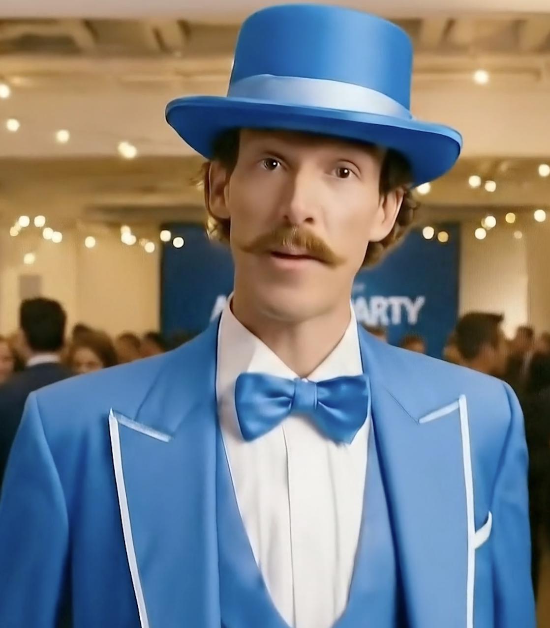 AI-created blue-suited character