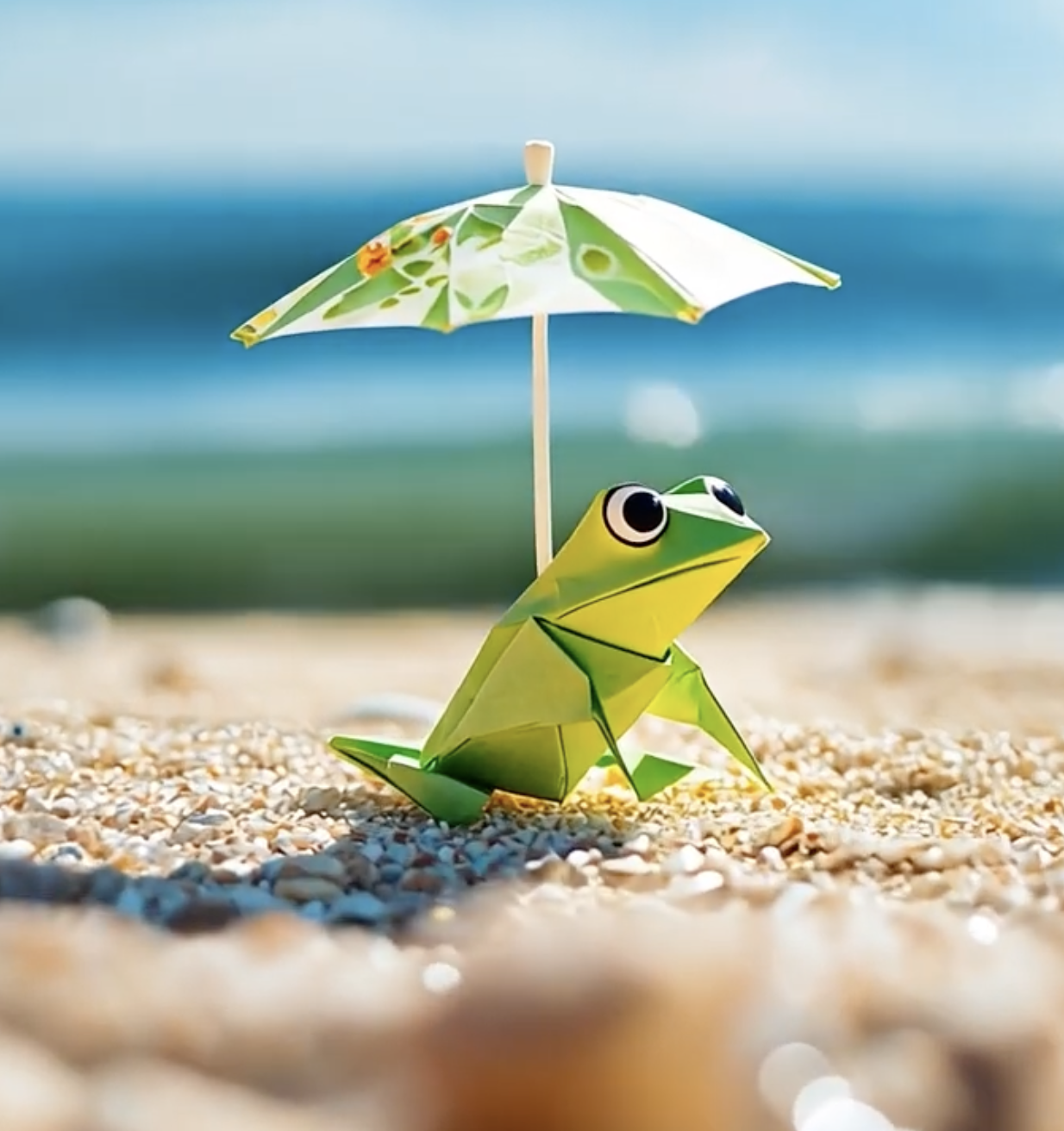 AI-created origami frog on a beach