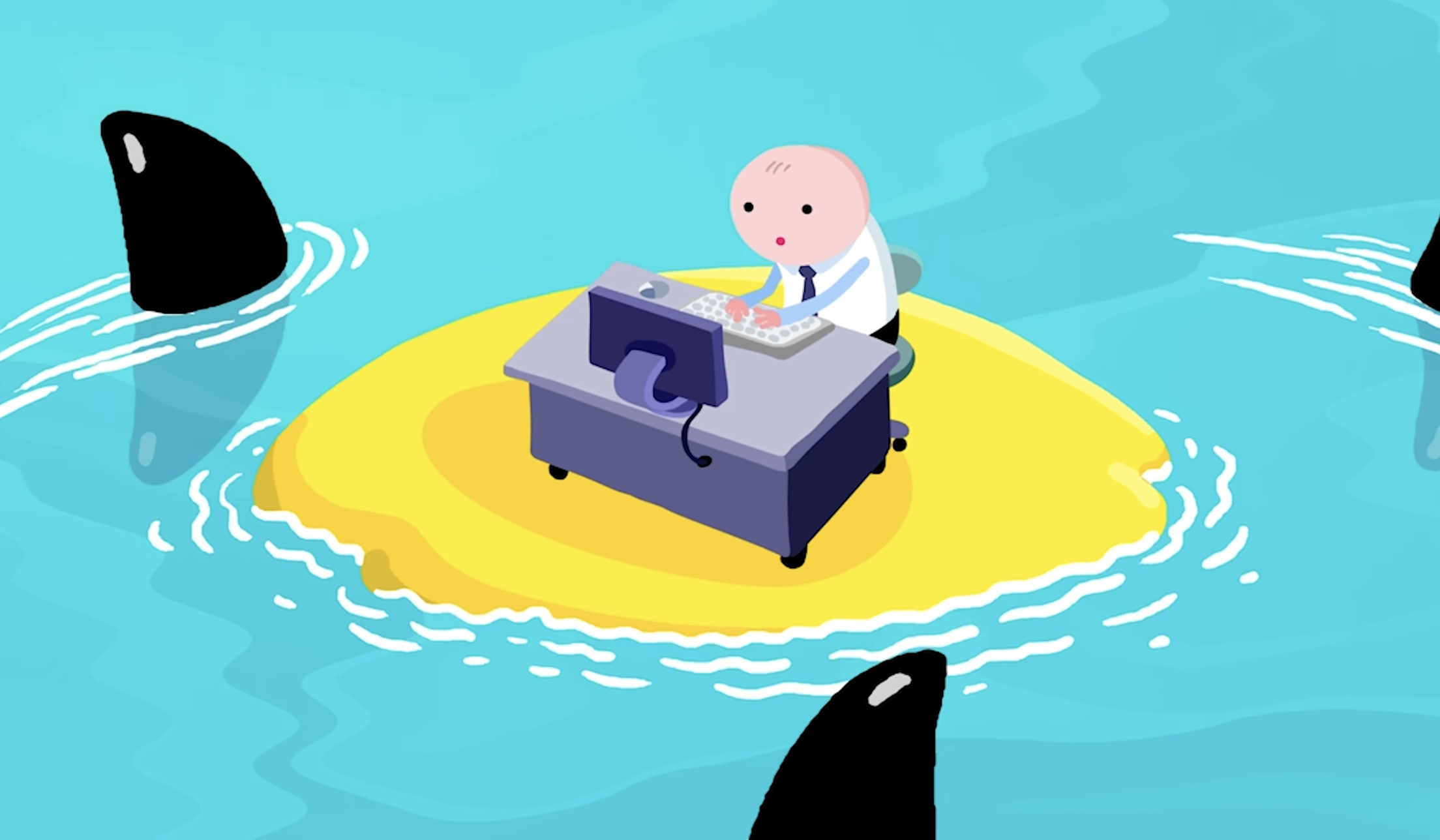 Animated marketing video thumbnail showing a person on a small island surrounded by sharks