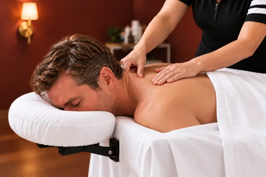Neck Acupressure with white spa draping