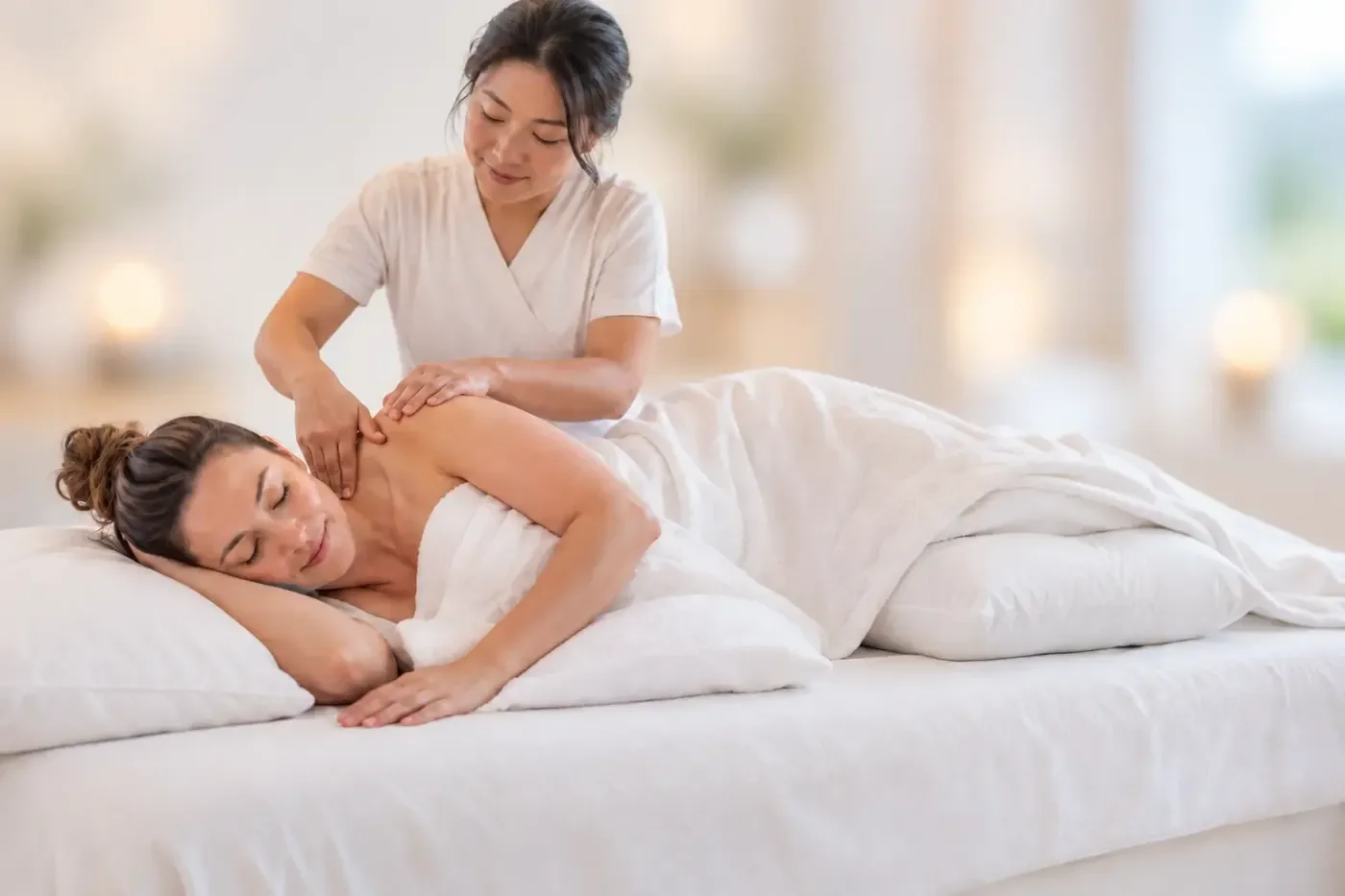 Supported side-lying postpartum massage with white pillows and soft draping