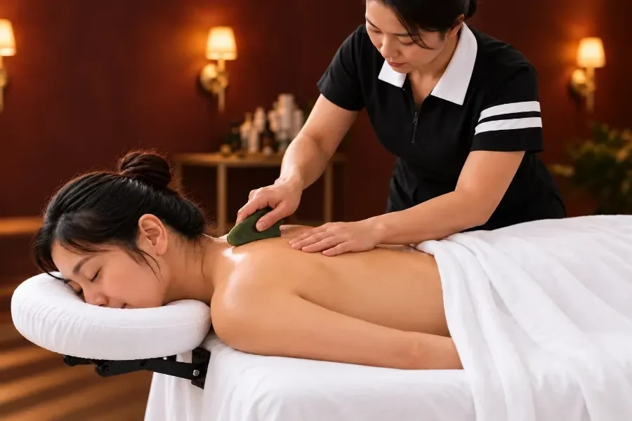Head, Neck & Gua Sha with white spa draping