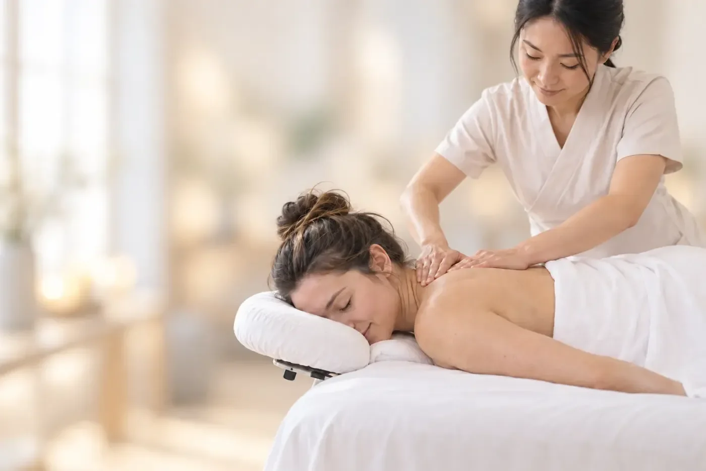 Postpartum massage client resting on white linens while a therapist provides gentle upper-back care