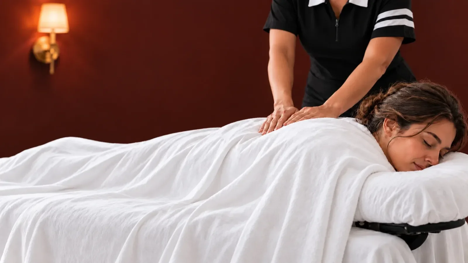 Relaxing massage with a therapist in Lyra-style black and white uniform and smooth white cotton spa linens