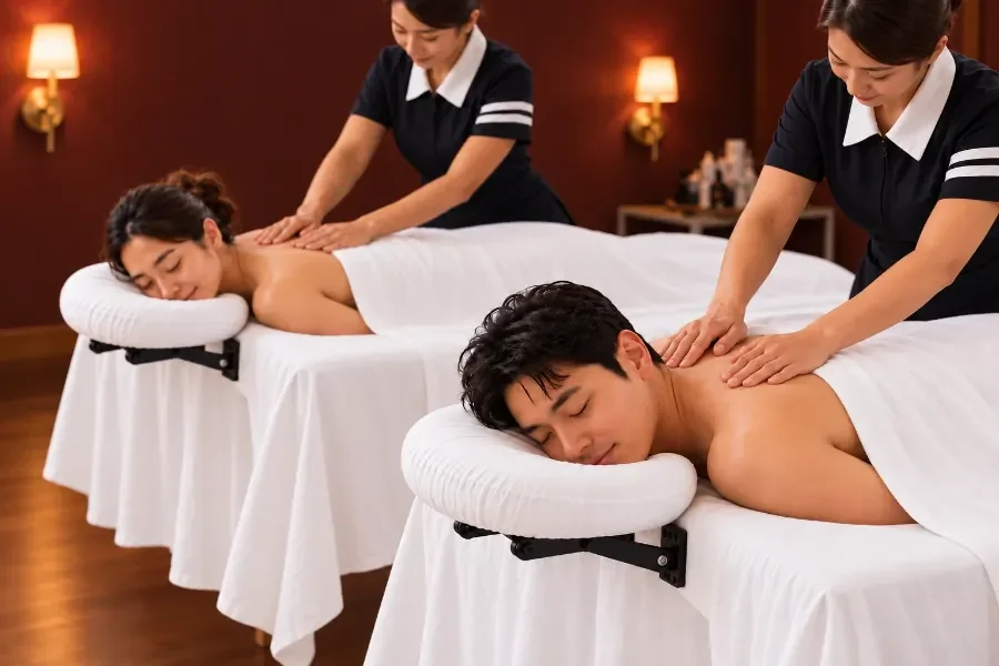 Couples Massage with white spa draping