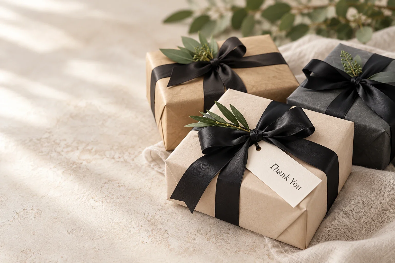 Three employee appreciation gifts wrapped in kraft, cream, and charcoal paper with black ribbon and a Thank You tag