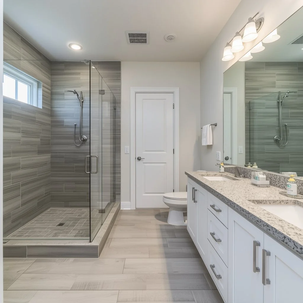 Tile shower bathroom remodel warm stone finishes