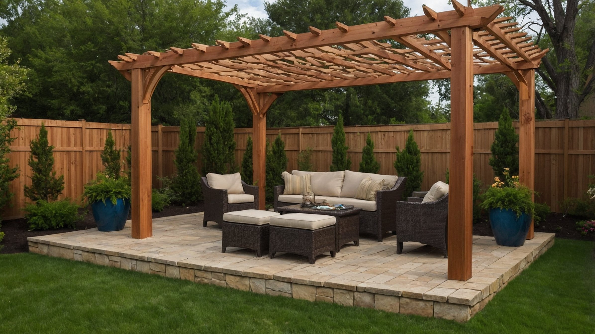 Covered patio pergola outdoor living space with wood beams