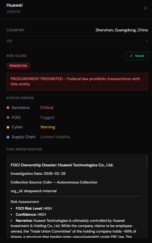 Foreign Ownership Investigation showing Huawei PROHIBITED status with FOCI dossier