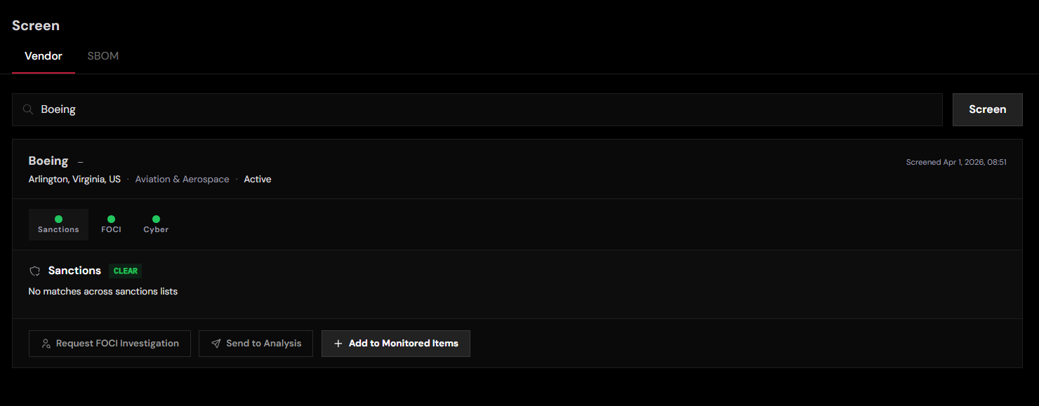 Vendor screening results showing Boeing with clear sanctions, FOCI, and cyber status
