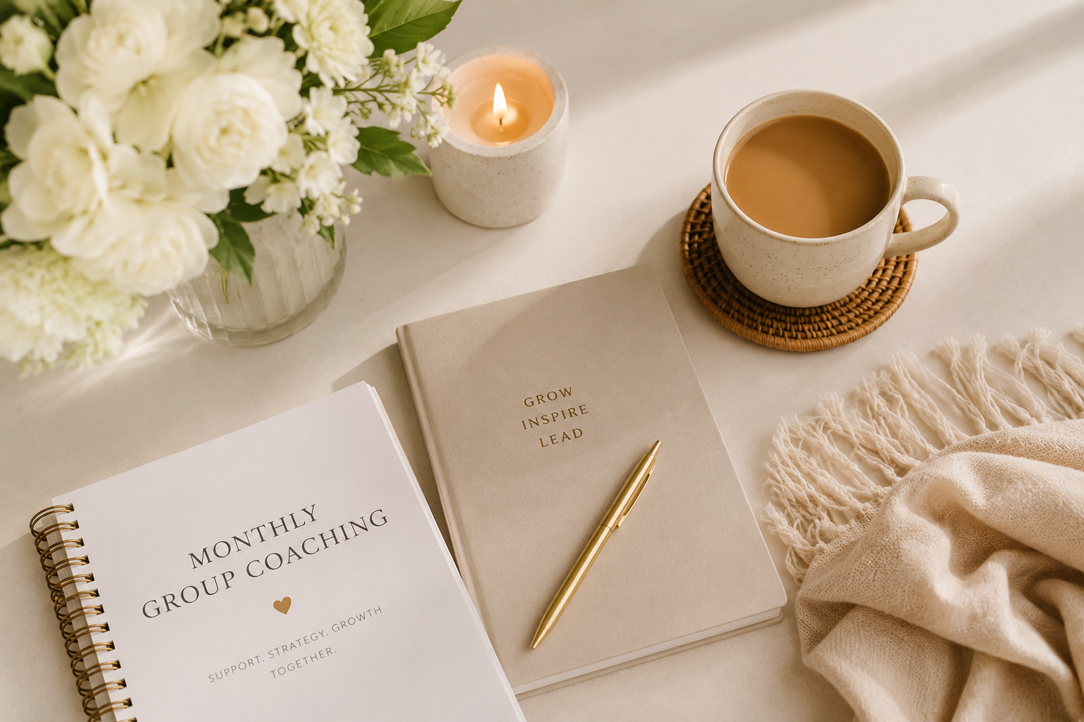 Morning journal with flowers and coffee