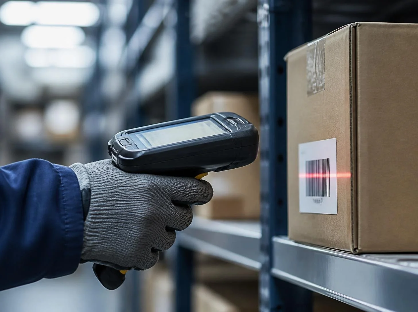 Scanning a carton on a warehouse shelf