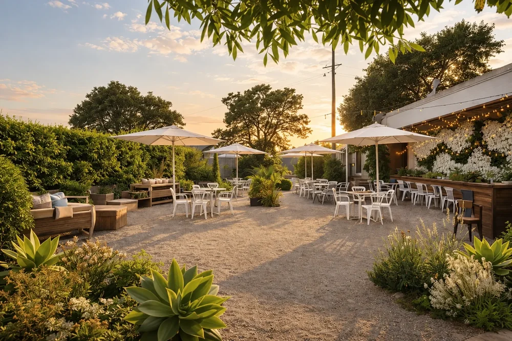 The garden at Aracely Cafe on Treasure Island with lounge seating and white umbrellas at golden hour