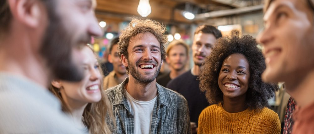 Colleagues laughing together at a bright daytime gathering