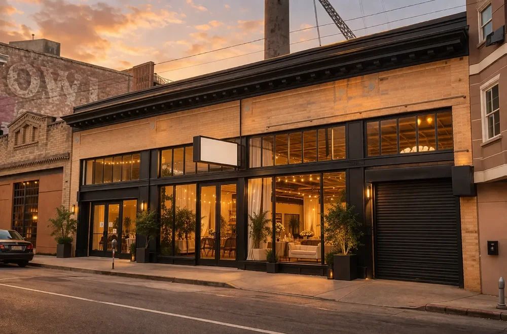 The glass-fronted building of Alchemy Springs on Post Street, lit from inside at dusk