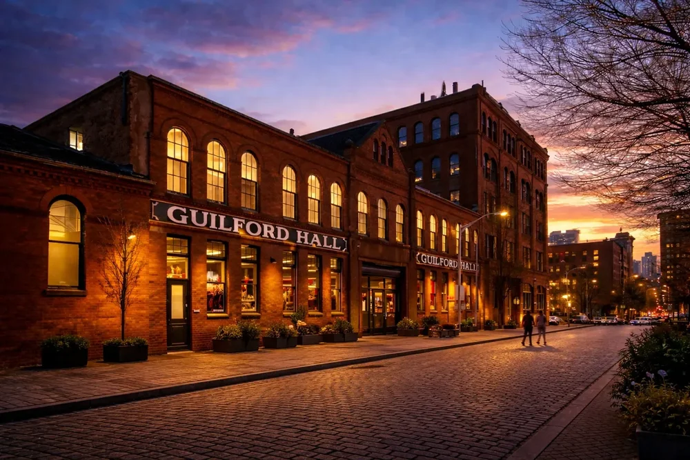 The brick front of Guilford Hall on a cobbled Baltimore street at dusk