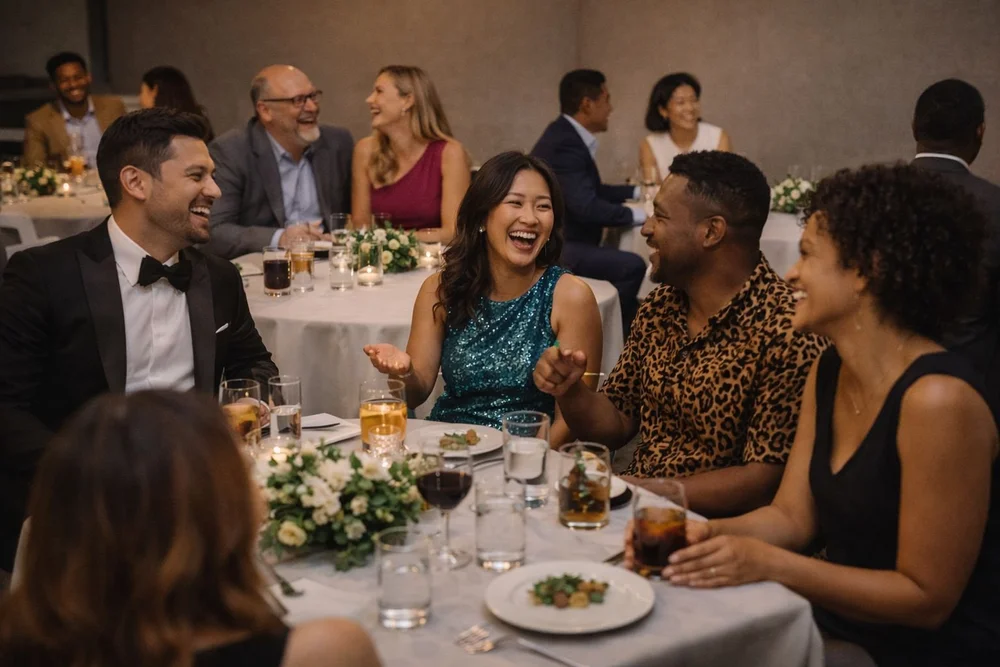 Guests laughing around a dressed table at a private dinner