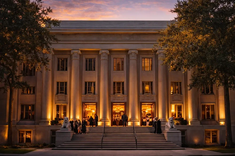 The columned front of the Salt Lake Masonic Temple, lit warmly at dusk with guests on the steps