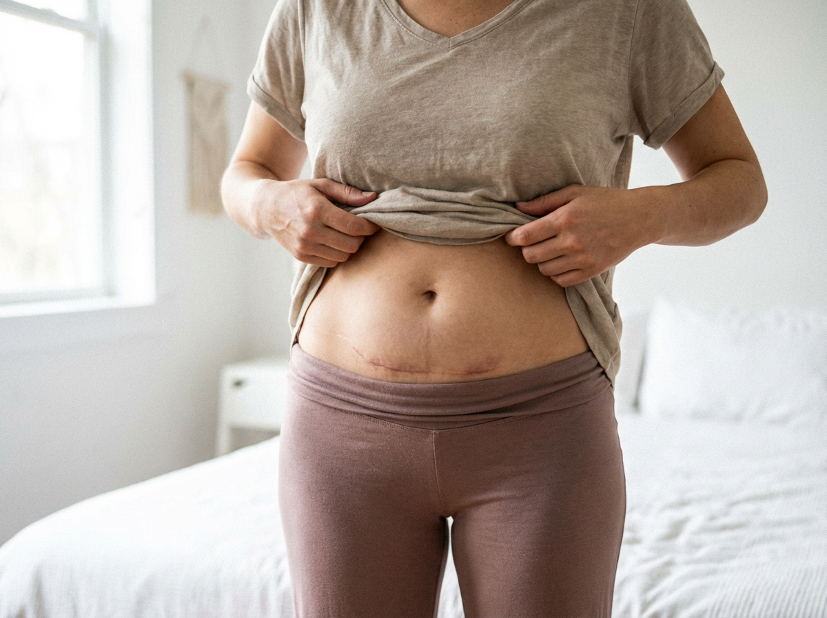 Woman showing a healed C-section scar on her lower abdomen