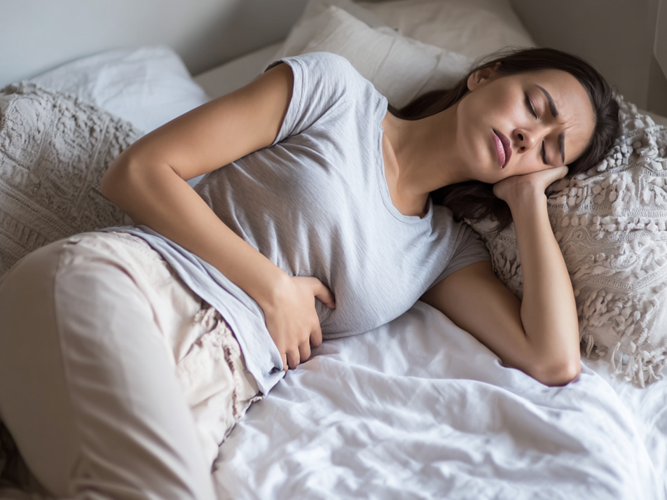 Woman lying in bed with mid-cycle pelvic cramps during ovulation
