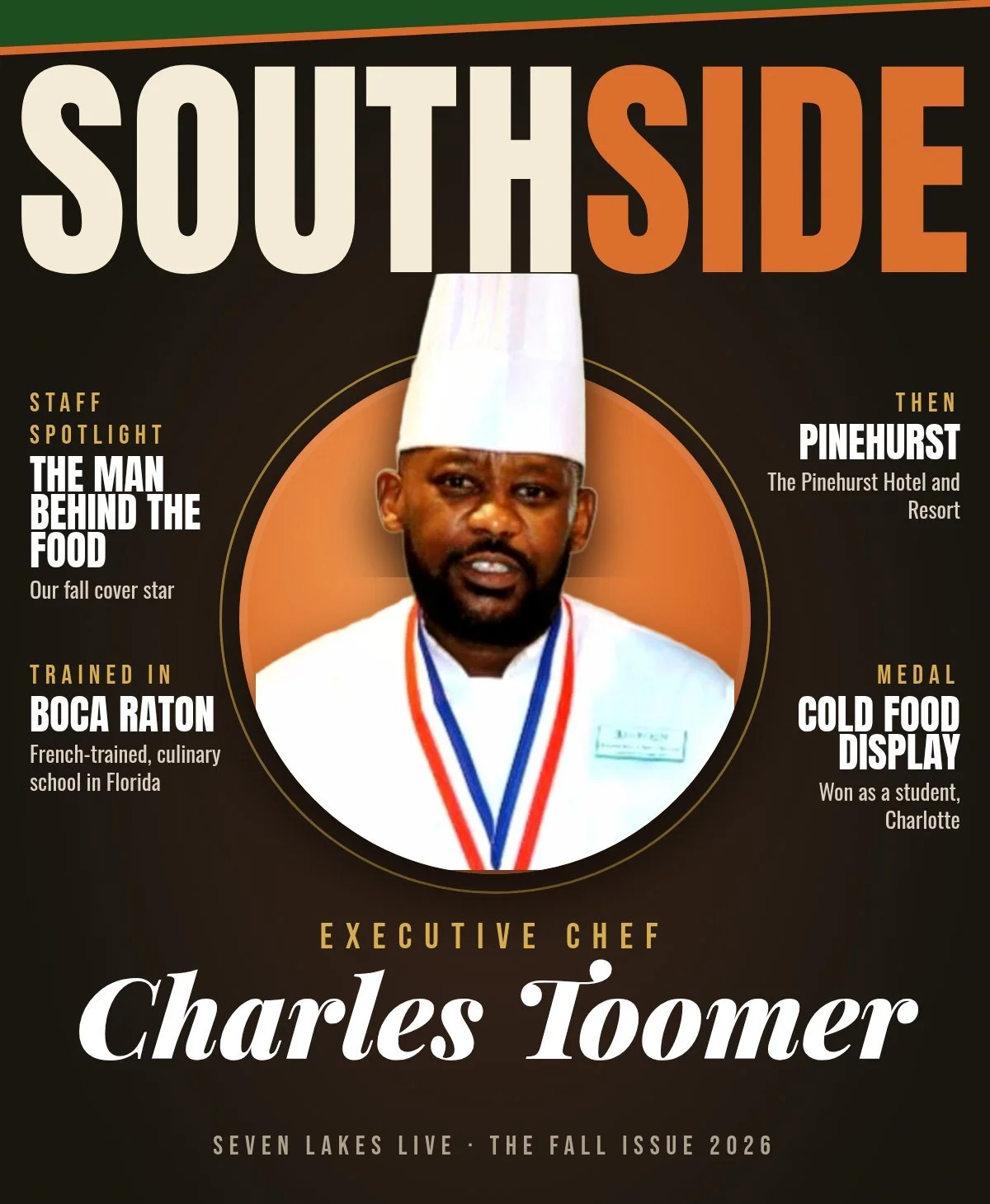 Staff Spotlight: Executive Chef Charles Toomer. French-trained, culinary school in Boca Raton, Florida, worked at the Pinehurst Hotel and Resort, medal winner for cold food display in Charlotte.