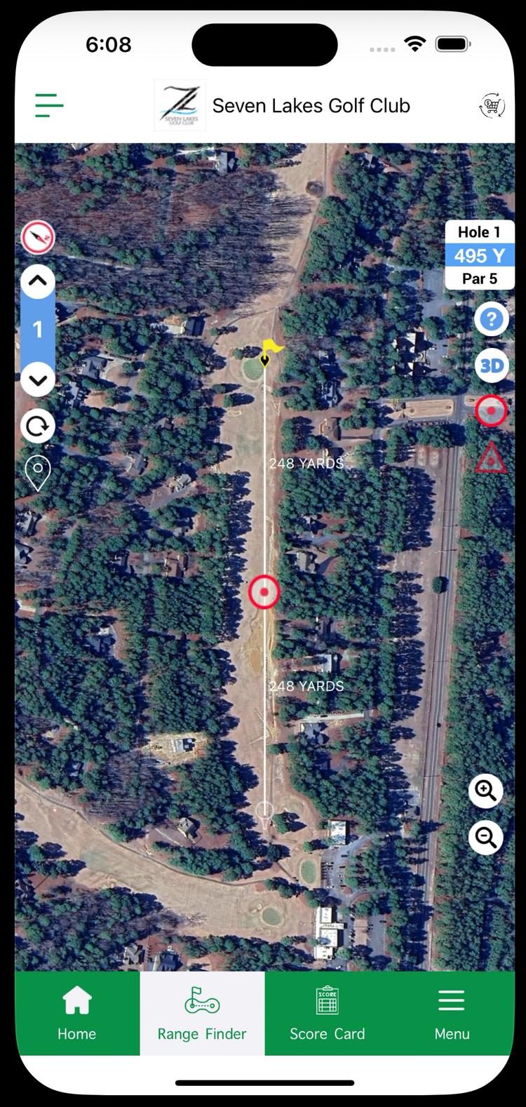 7 Lakes Golf app Range Finder showing a satellite view of Hole 1