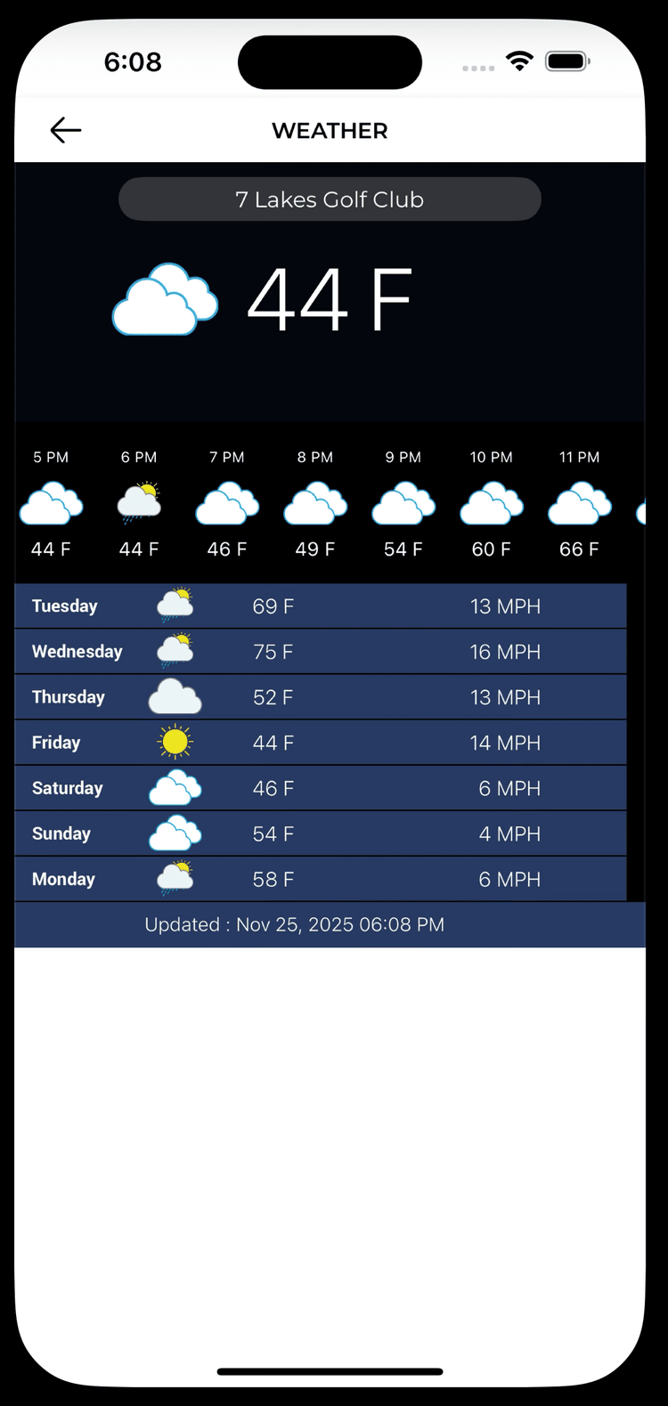 7 Lakes Golf app weather screen with hourly and weekly forecast