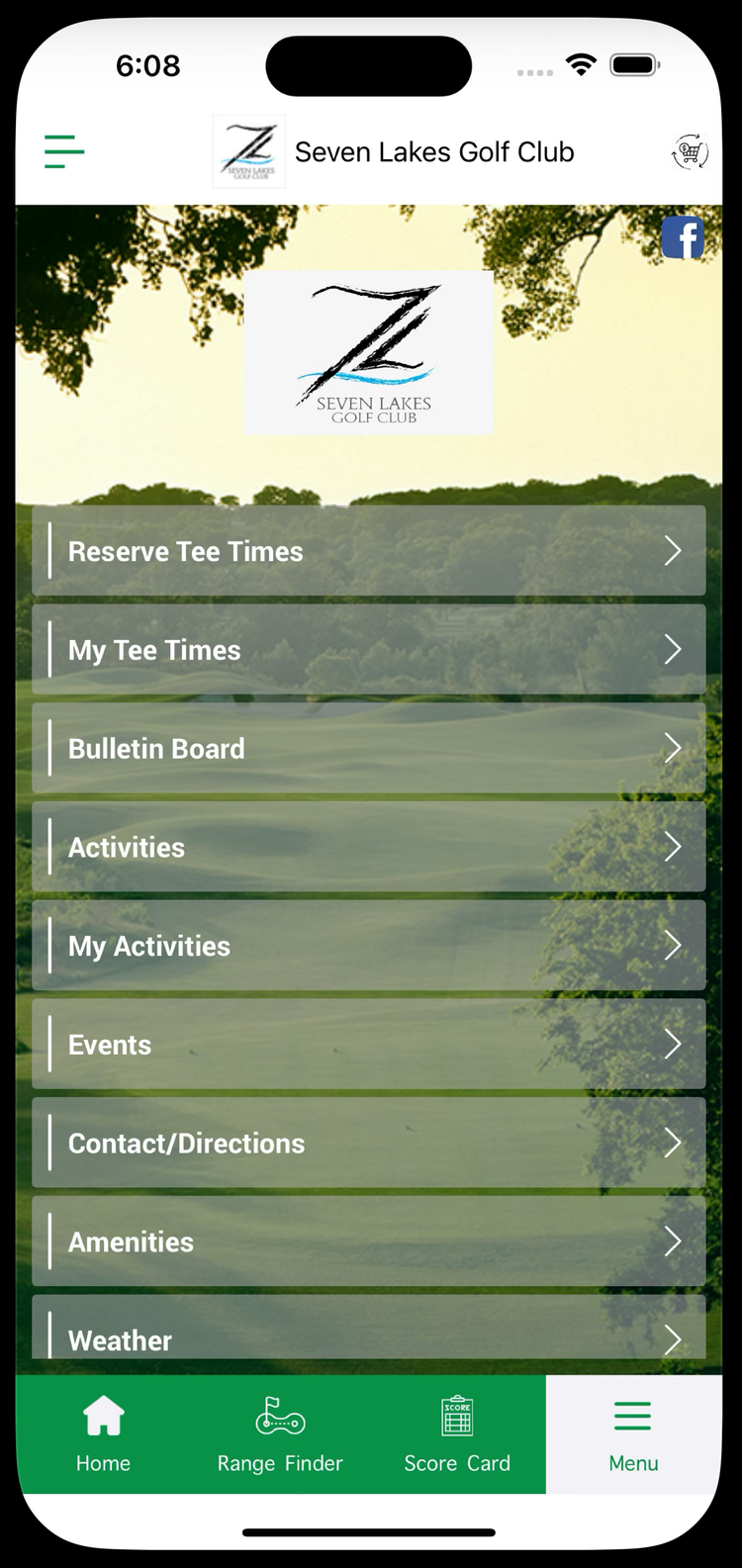 7 Lakes Golf app menu: Reserve Tee Times, My Tee Times, Bulletin Board, Activities, Events and more