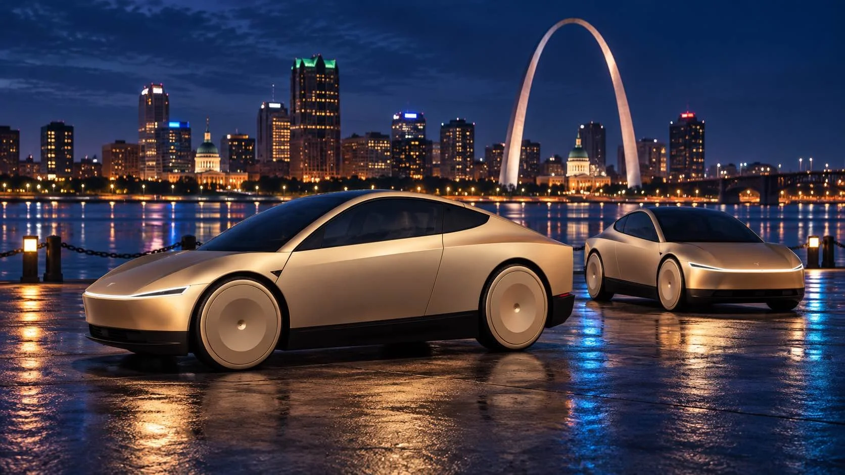 Concept image of two parked gold Cybercabs at the St. Louis riverfront