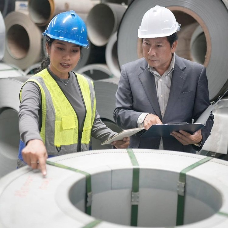 Buyer and supplier inspecting steel coils at a manufacturing site