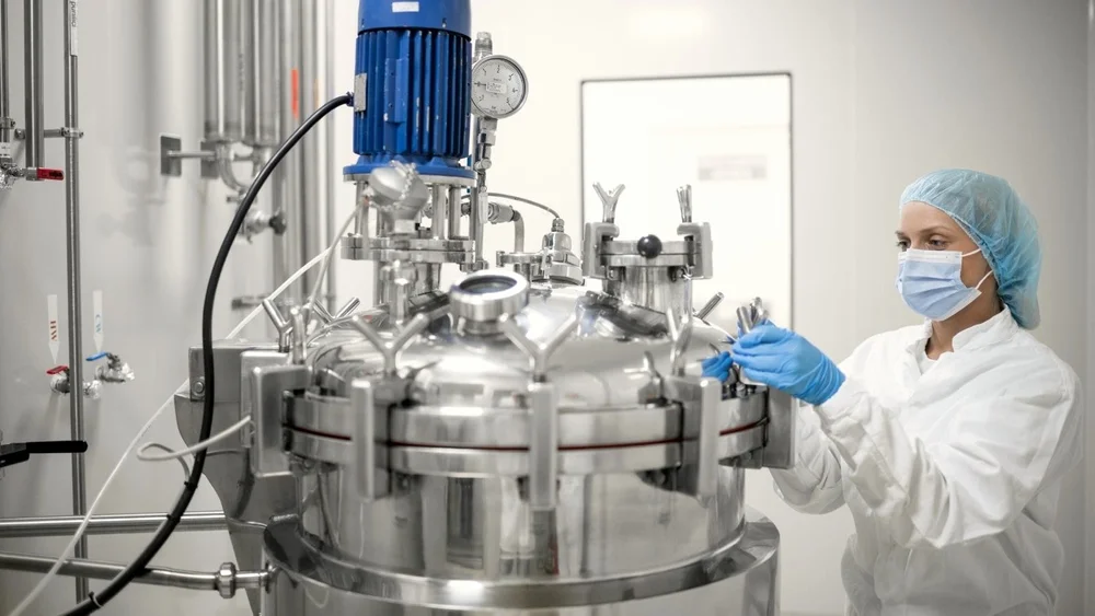 Technician in protective clothing checking a stainless steel process vessel