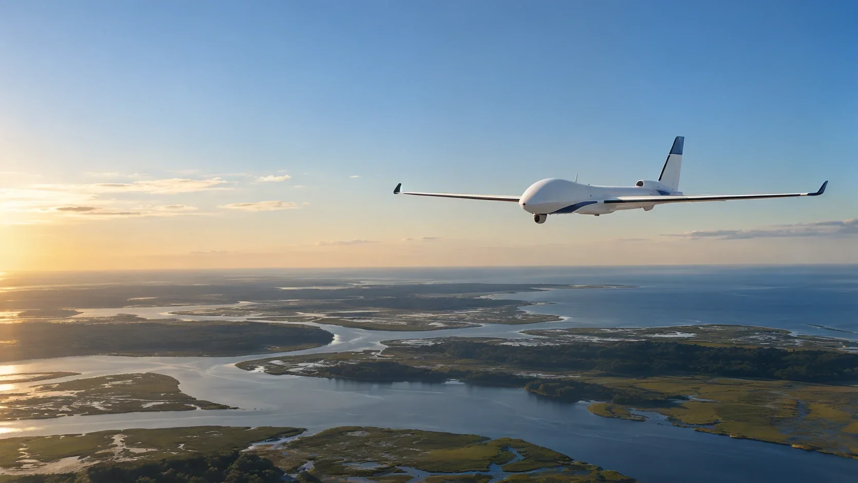 Civilian unmanned aircraft in level flight above coastal waterways