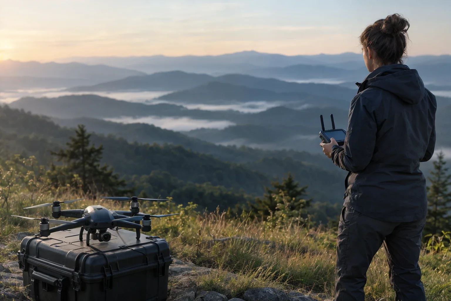 Drone pilot preparing equipment in the Blue Ridge Mountains