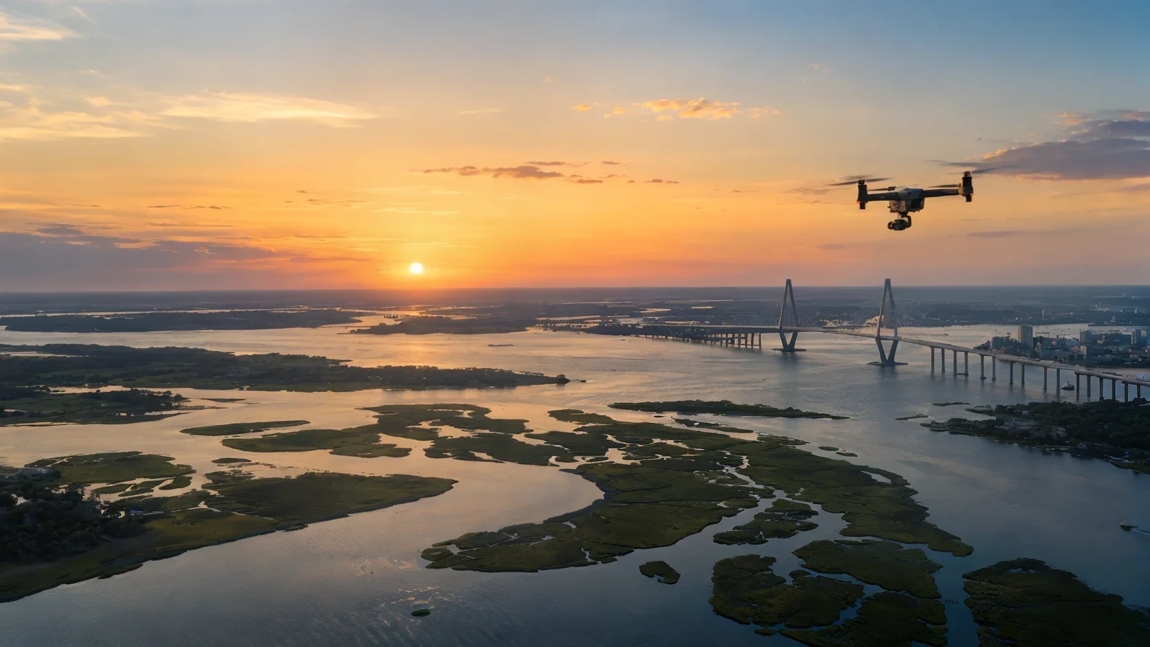 Drone above South Carolina coastal waterways at sunset