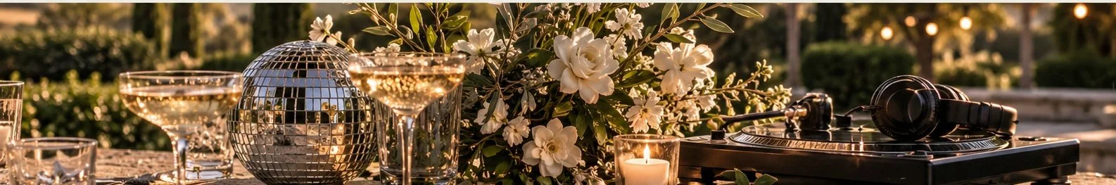 Ambiance de mariage avec champagne, fleurs, boule à facettes et matériel de DJ