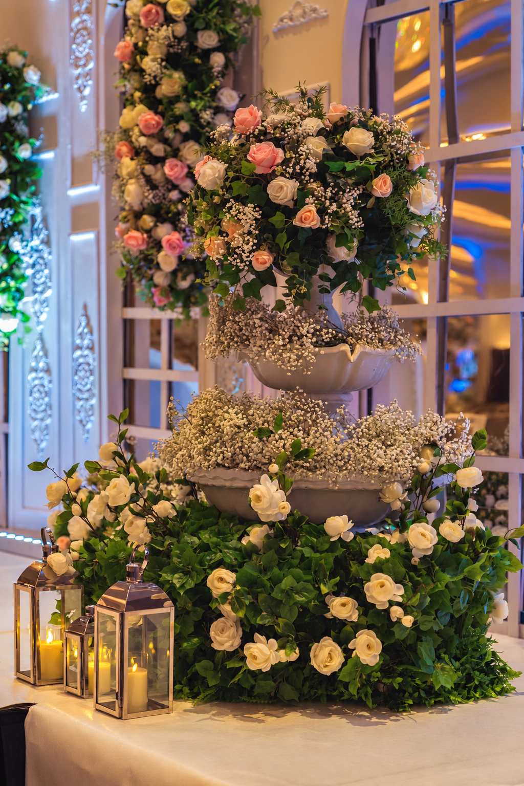 Floral centrepiece and lanterns at a wedding setting