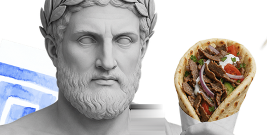Classical Greek statue holding a gyro