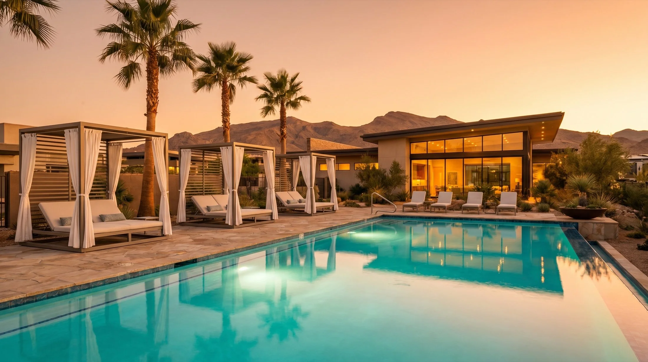Resort style pool with cabanas and mountain views at the Ascension amenity center in Summerlin Las Vegas