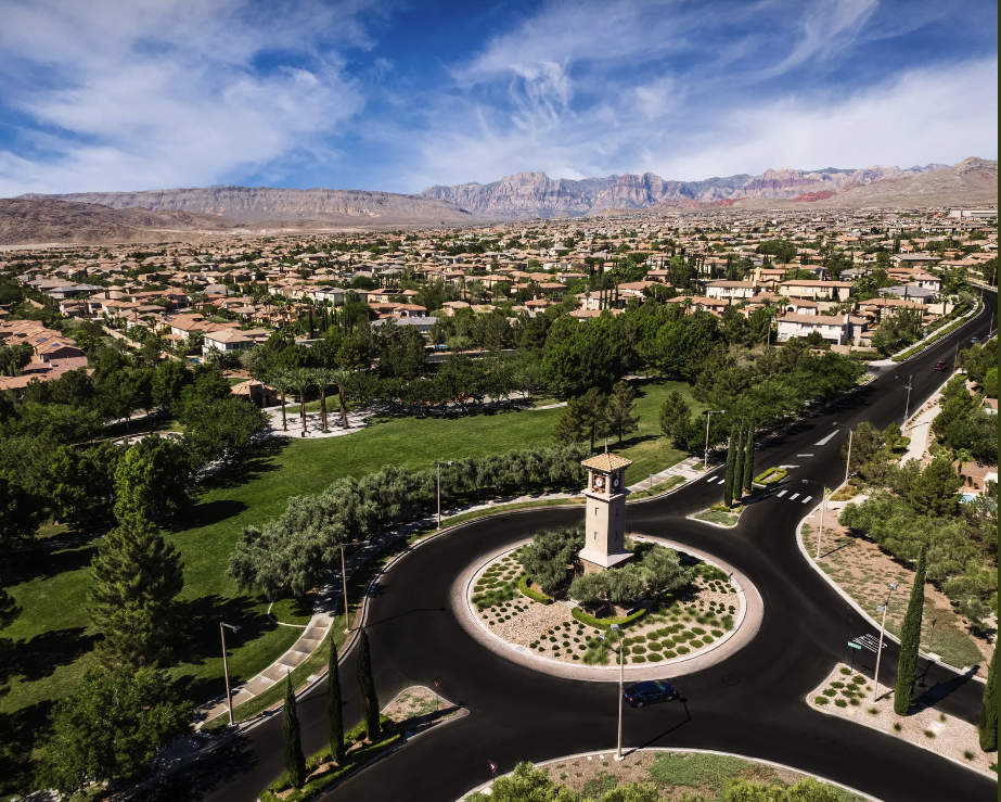 Aerial view of The Hills village in Summerlin North Las Vegas with mature tree-lined streets