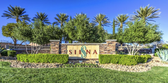 Aerial view of Siena guard-gated 55+ community in Summerlin Las Vegas with championship golf course