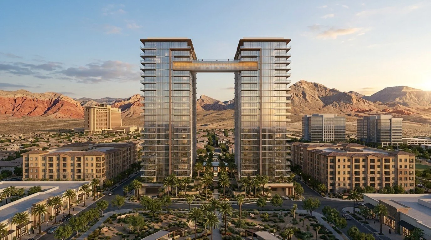 Concept illustration of two proposed 21-story glass condominium towers joined by a skybridge in Downtown Summerlin, with the mountains beyond