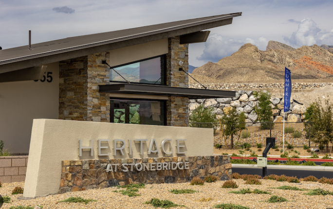 Aerial view of Heritage at Stonebridge Lennar guard-gated 55+ community in Summerlin West with Red Rock Canyon backdrop