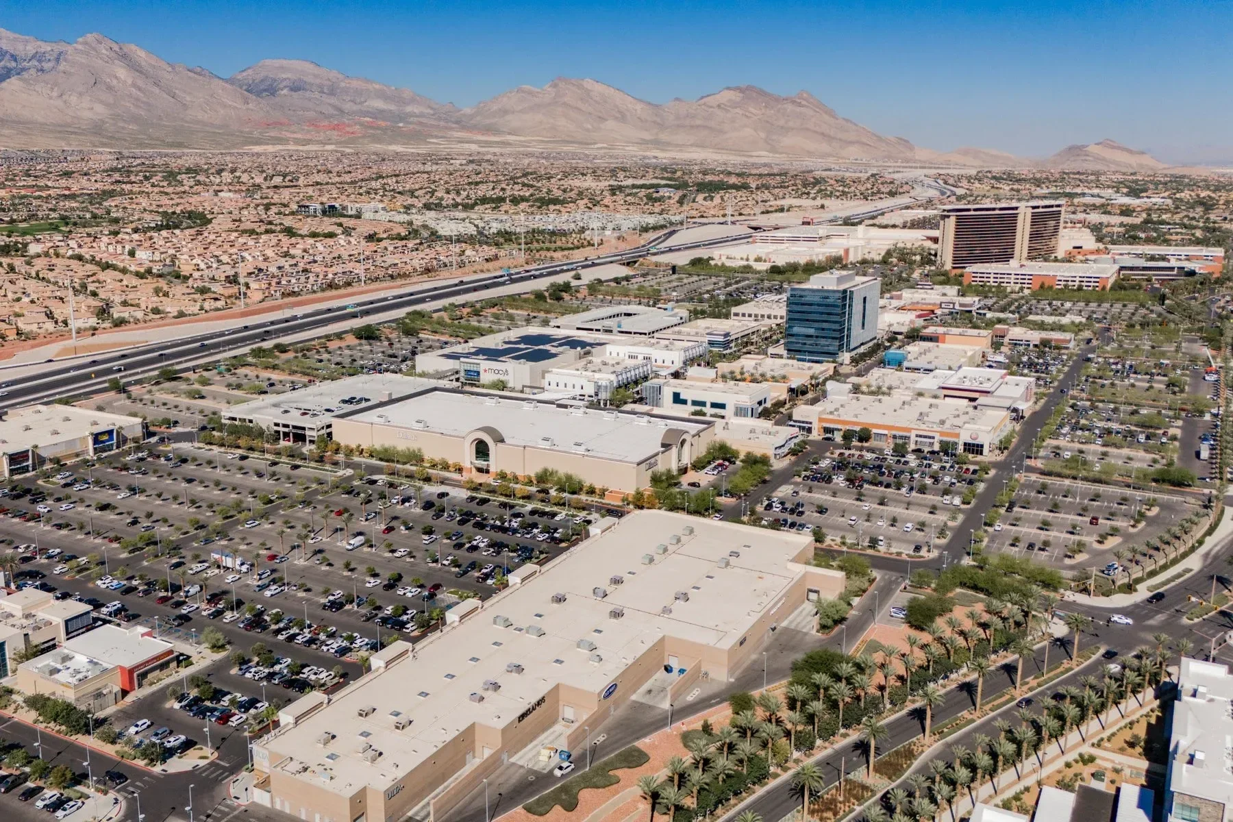 Summerlin Centre village aerial view with Red Rock Canyon backdrop Las Vegas Nevada